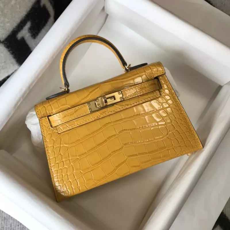 Affordable Hermes Mini Kelly II Bag Alligator Leather Gold Hardware In Yellow 0120