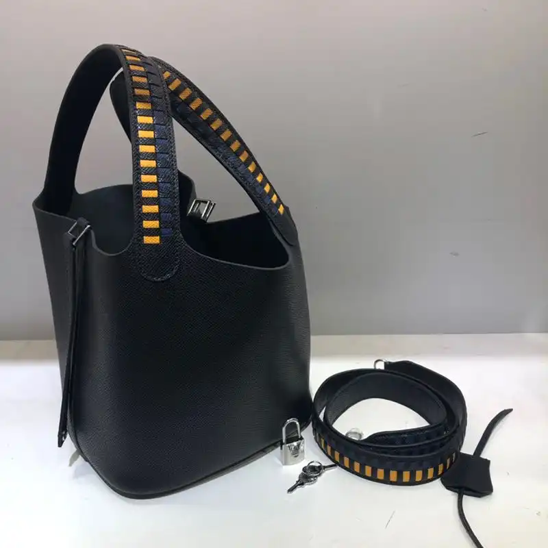 Affordable Hermes Picotin Lock Bag Tressage Epsom Leather Palladium Hardware In Black 0205