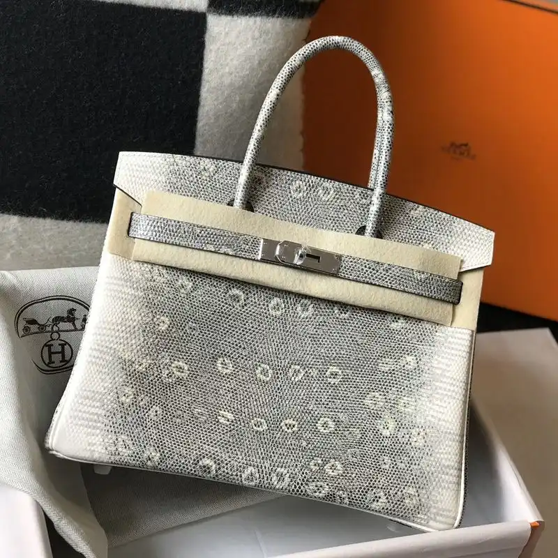 Cheap Hermes Birkin Bag Lizard Leather Palladium Hardware In White Grey 0204