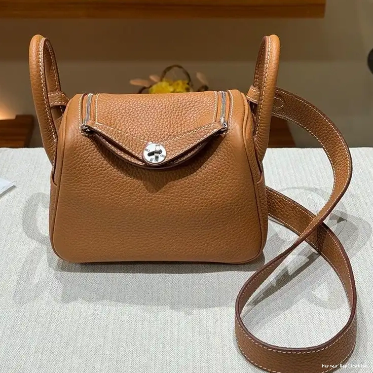 Affordable Mini Hermes Lindy Togo Brown Leather Palladium Bag In Hardware 0223