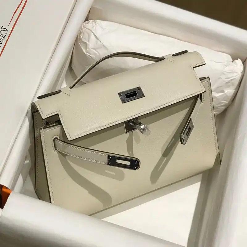 Affordable Hermes Kelly Pochette Swift Leather Palladium Hardware In White 0202