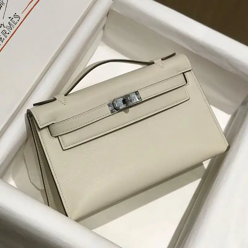 Affordable Hermes Kelly Pochette Swift Leather Palladium Hardware In White 0202