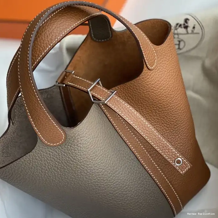 Affordable Palladium Hermes Bicolor In Lock Clemence Leather Picotin Hardware Marble Bag Brown 0223