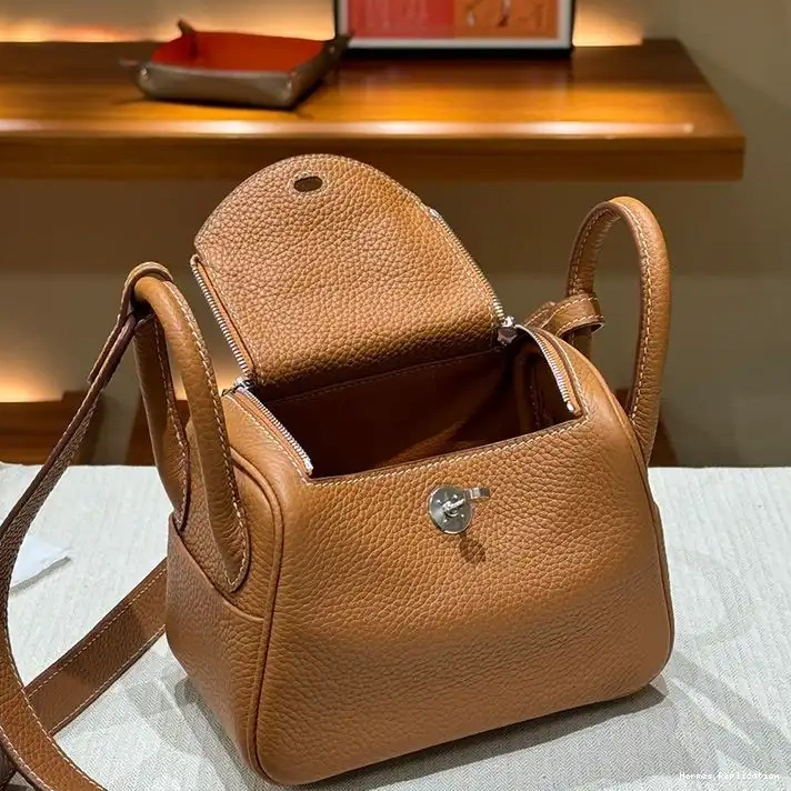 Affordable Mini Hermes Lindy Togo Brown Leather Palladium Bag In Hardware 0223