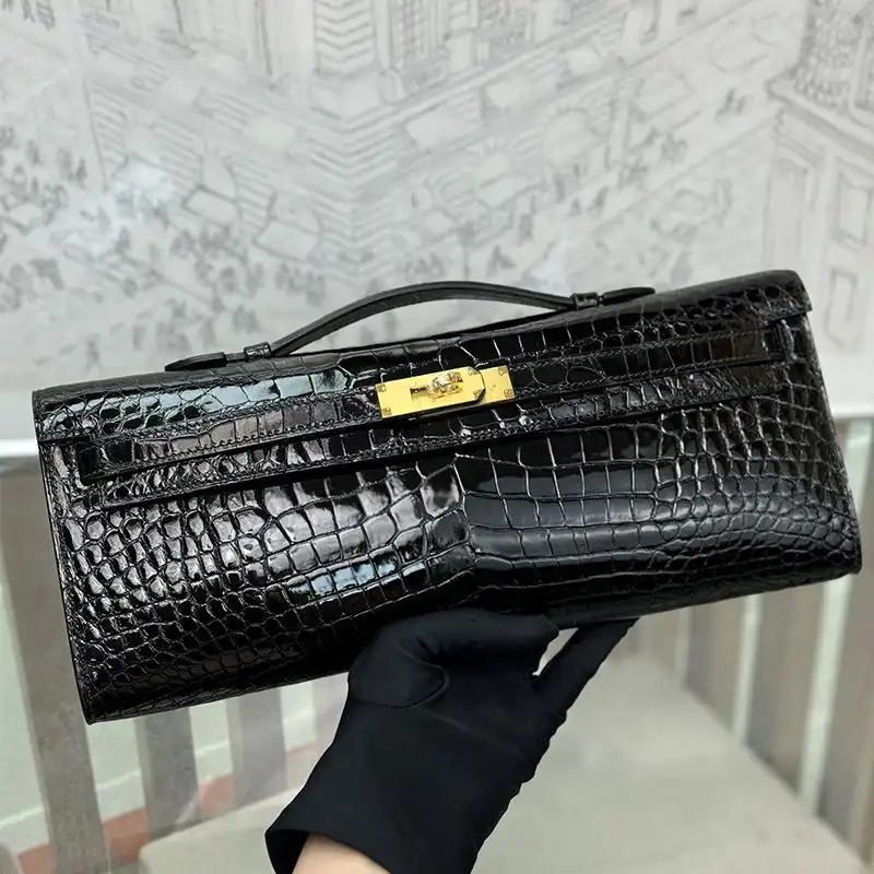 Cheap Hermes Kelly Cut Clutch Shinny Crocodile Leather Gold Hardware In Black 0206