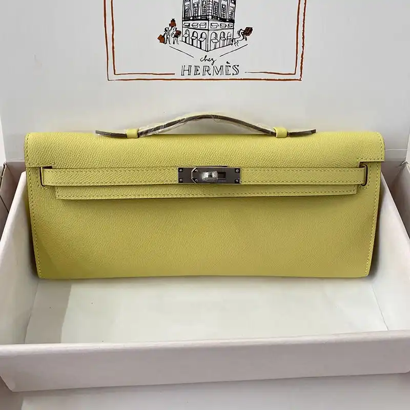 Affordable Hermes Kelly Cut Clutch Epsom Leather Palladium Hardware In Lemon 0206