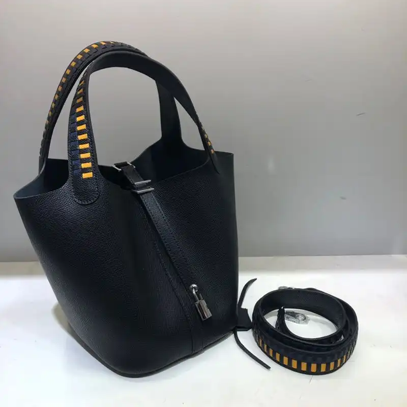 Affordable Hermes Picotin Lock Bag Tressage Epsom Leather Palladium Hardware In Black 0205