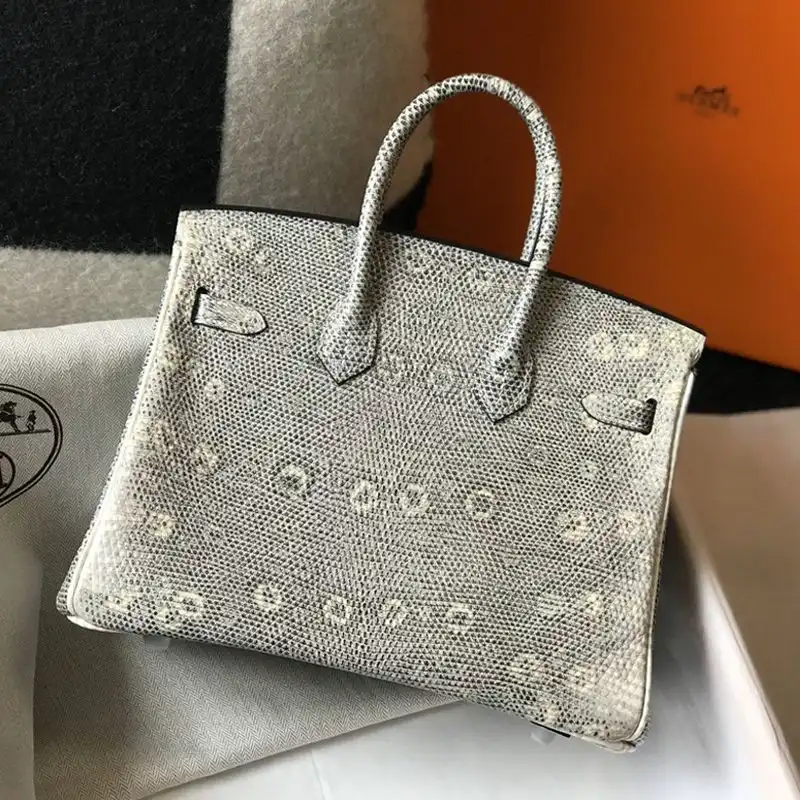 Cheap Hermes Birkin Bag Lizard Leather Palladium Hardware In White Grey 0204