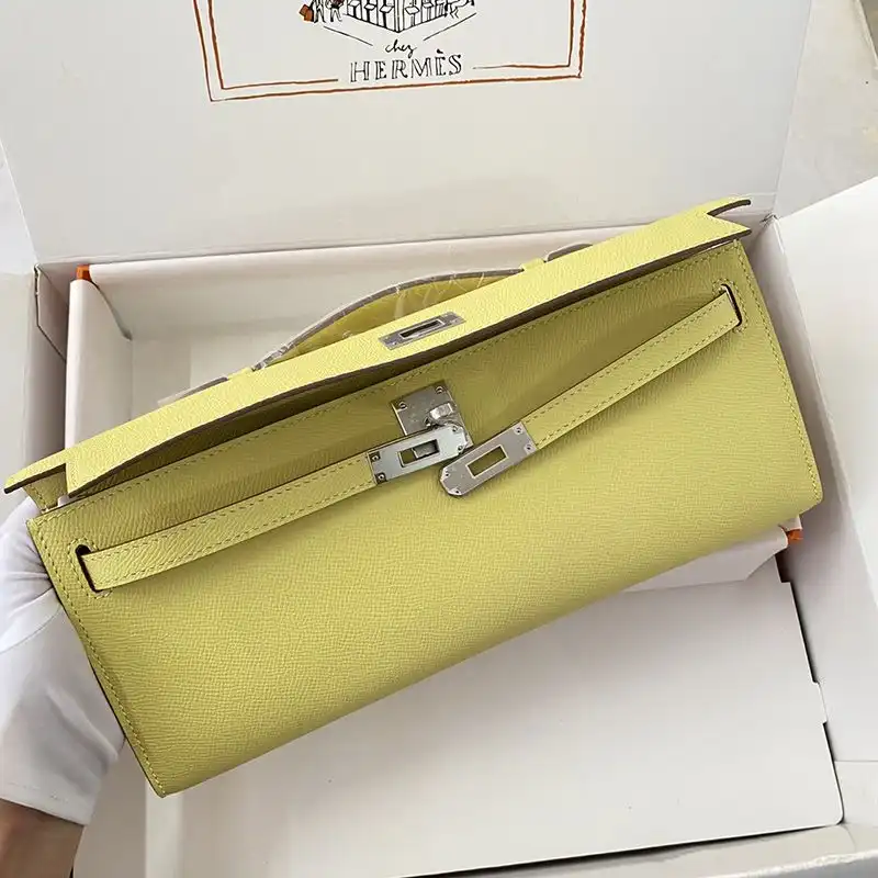 Affordable Hermes Kelly Cut Clutch Epsom Leather Palladium Hardware In Lemon 0206